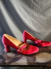 Louboutin Red Satin Mary Jane Heels Crystal Buckle Size 39 1/2