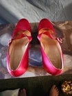 Louboutin Red Satin Mary Jane Heels Crystal Buckle Size 39 1/2