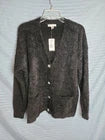 Women's Black Fuzzy Cardigan L Sparkle Buttons Date Night Office
