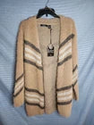 Ever After Womens Fuzzy Open Front Cardigan Tan Striped Large Office Spring Summer