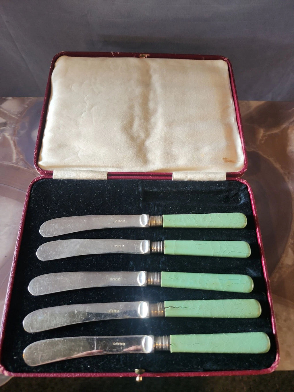 Set of 5 EPNS Silver Plated Knives Green Handles Antique