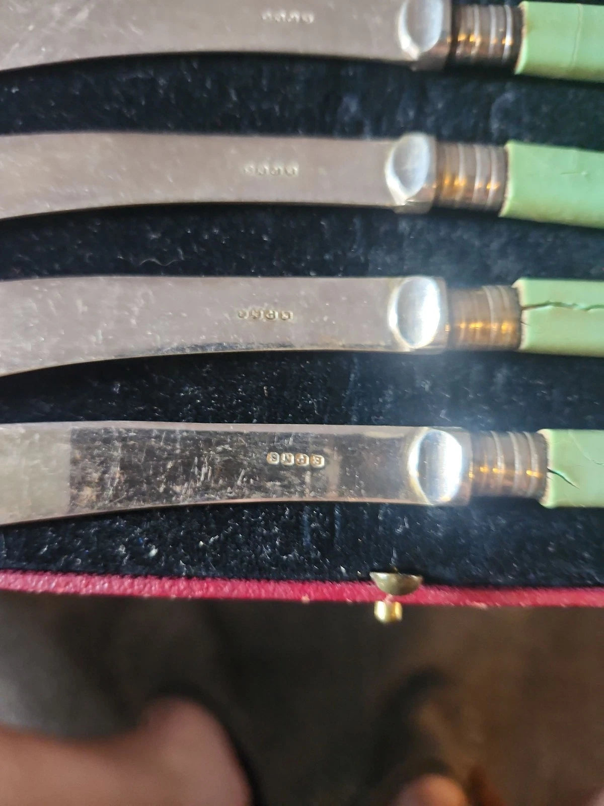 Set of 5 EPNS Silver Plated Knives Green Handles Antique