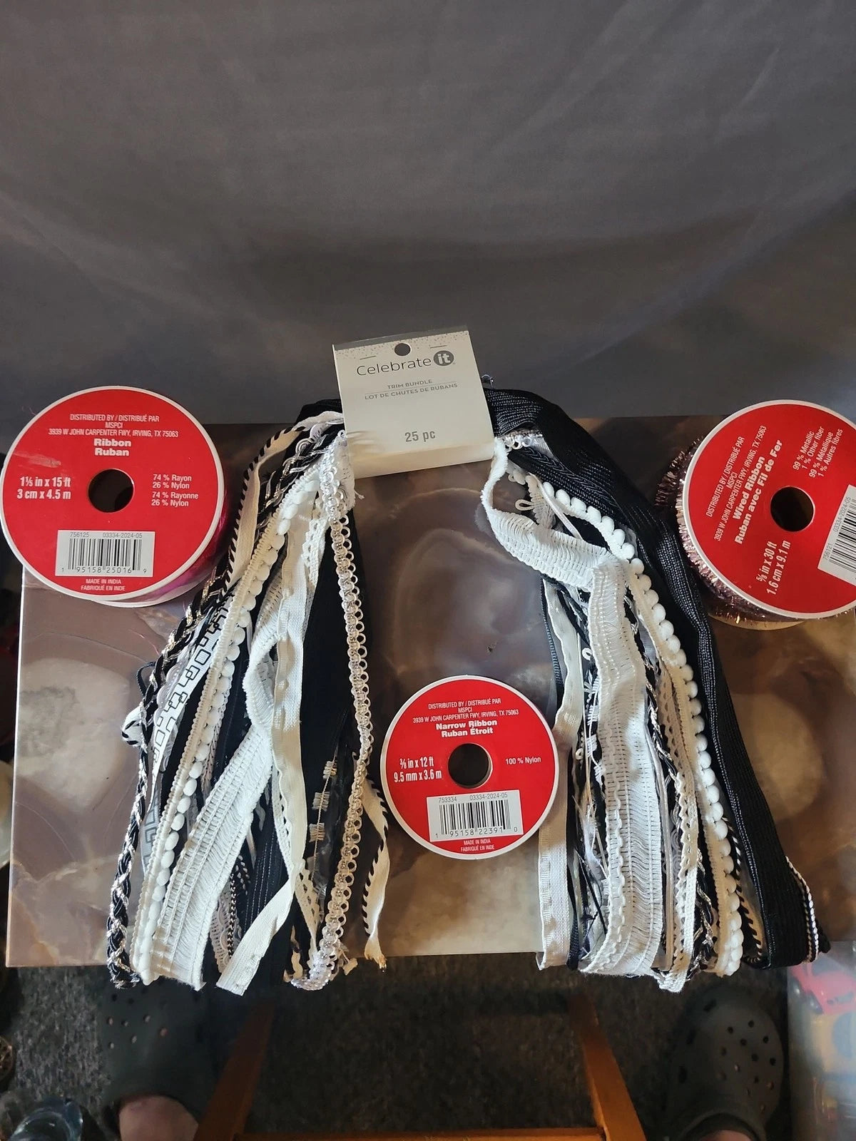 Celebrate It Black White Wired Ribbon Lot 4 Spools 1.5"-2.5" x 12'-15' Craft